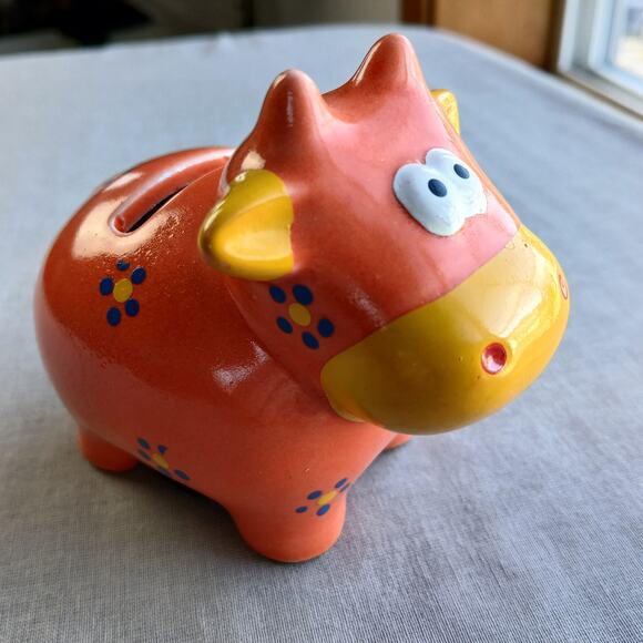 Adorable Mini Cow Piggy Bank ceramic orange yellow blue flowers 4"L x 2"W x 3"H - Picture 1 of 12